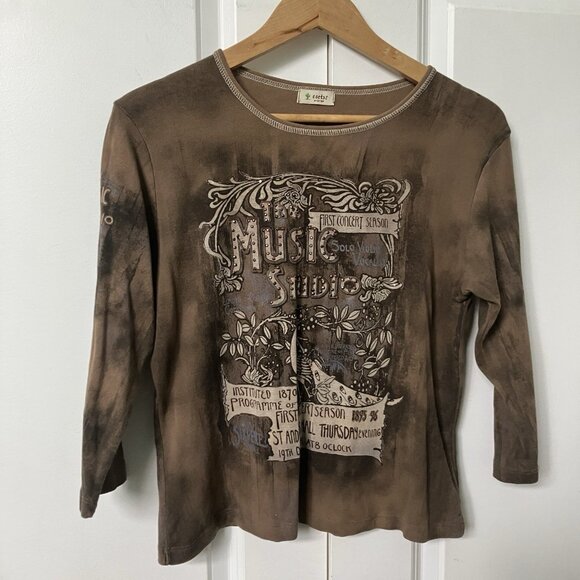 Y2K Cactus T-shirt Womens Brown Graphic 2000s Grunge Music Studio Rhinestone - Picture 1 of 8